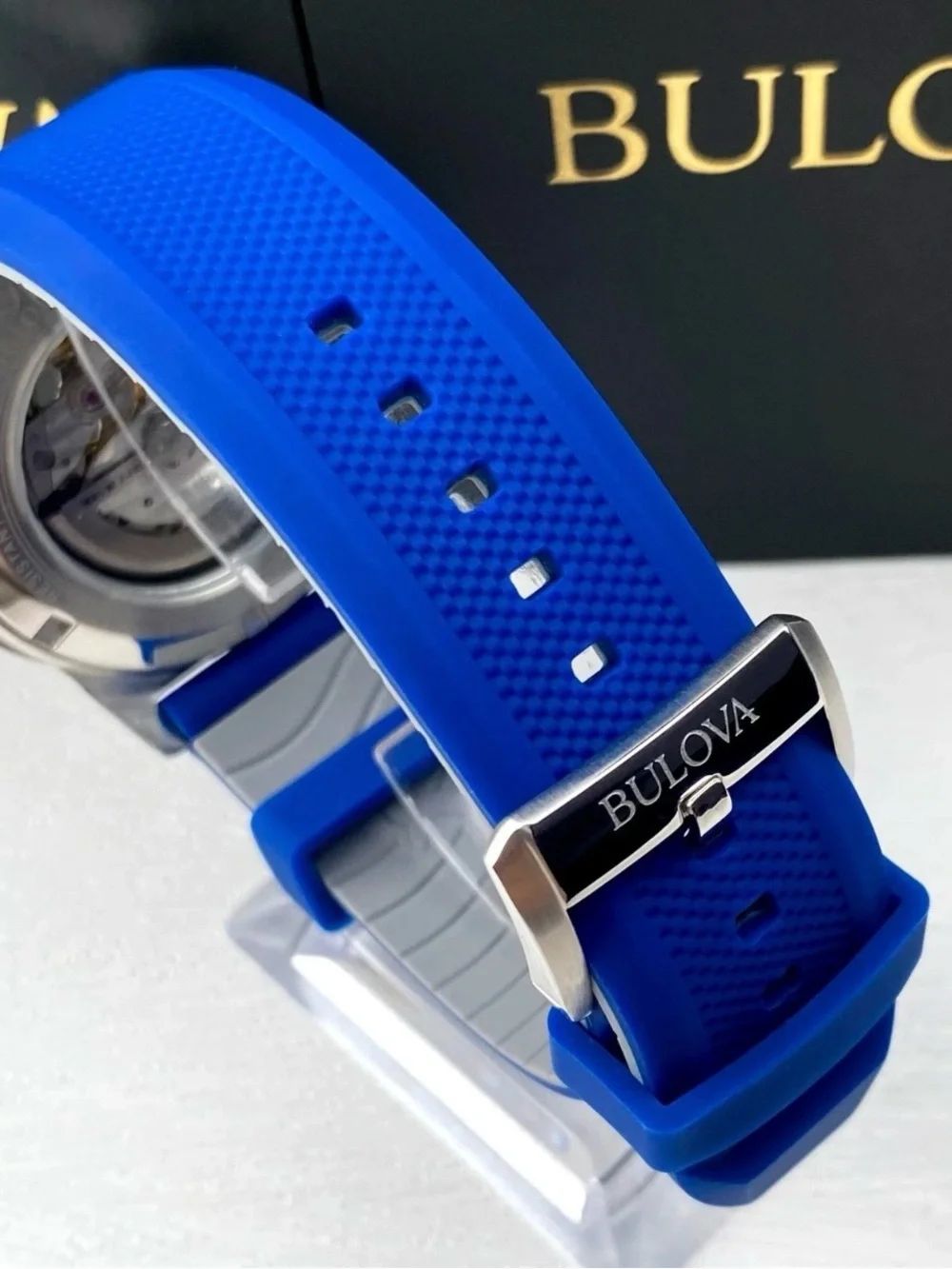 Bulova Blue Open-Heart Automatic Men's Watch with Blue Strap and Orange Accent